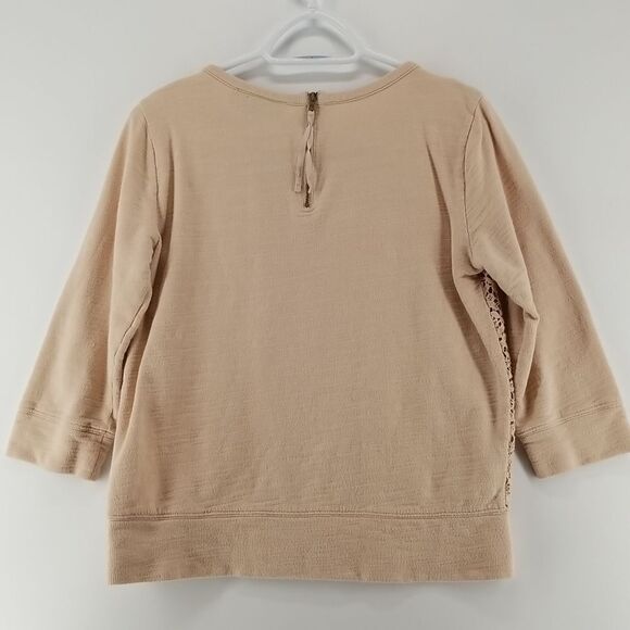 Anne Taylor Sweater Women's Tan 3/4 Sleeve Rear 1/4 Zip Crocheted Front Cotton - Picture 7 of 11